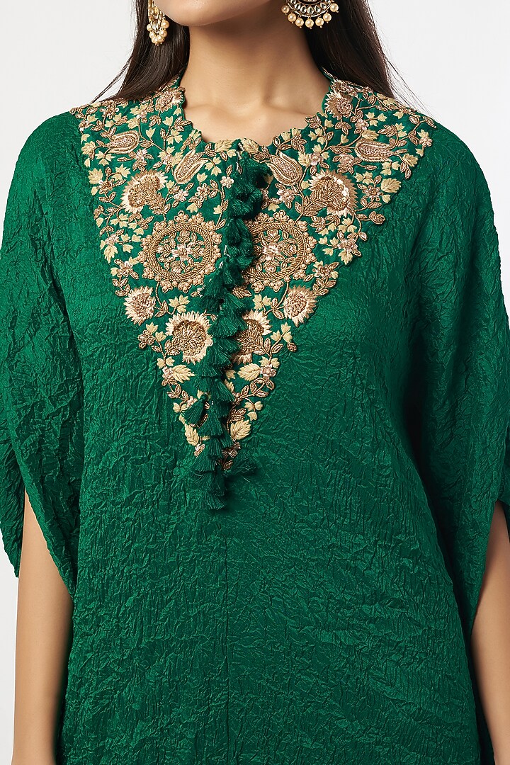 Green Crushed Dupion Kaftan Set by Minaxi Dadoo at Pernia's Pop Up Shop