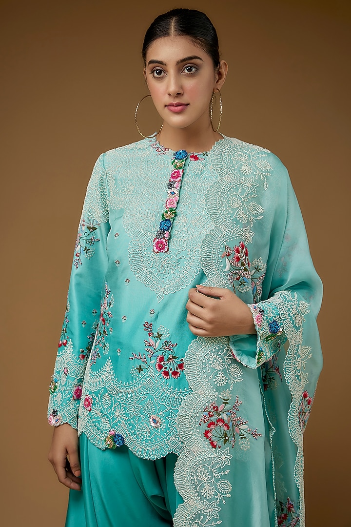 Blue Silk & Organza Ombre Short Kurta Set by Minaxi Dadoo at Pernia's Pop Up Shop