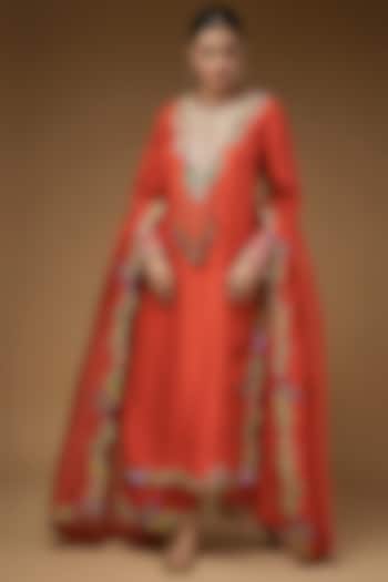 Rust Orange Dupion Embroidered Kurta Set by Minaxi Dadoo at Pernia's Pop Up Shop