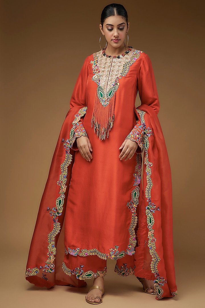 Rust Orange Dupion Embroidered Kurta Set by Minaxi Dadoo at Pernia's Pop Up Shop