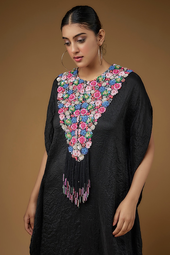 Black Dupion Embroidered Kaftan Set by Minaxi Dadoo at Pernia's Pop Up Shop