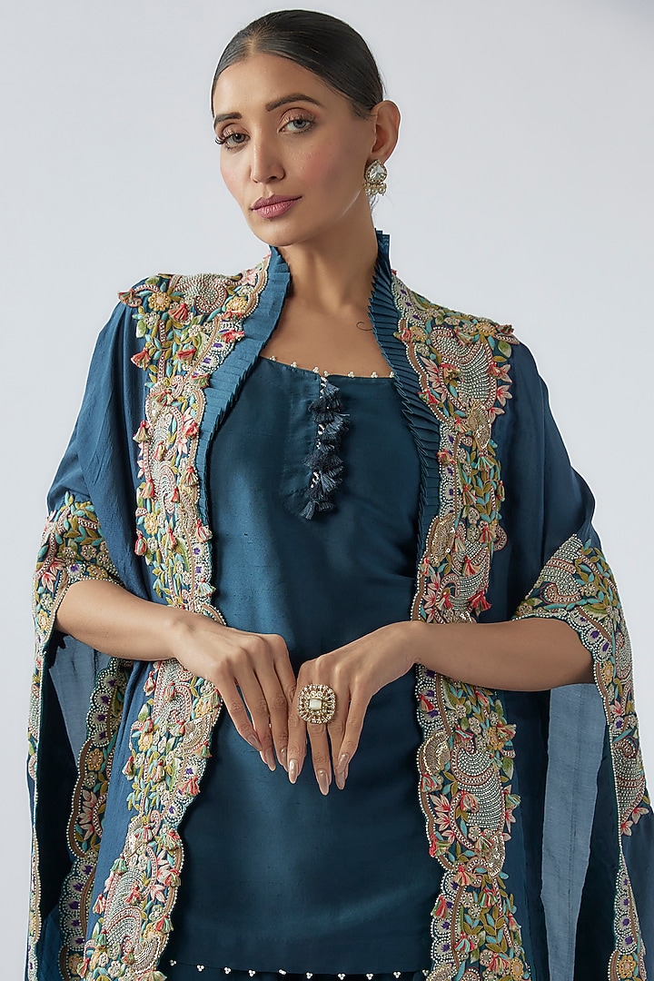 Peacock Blue Organza Embroidered Cape Set by Minaxi Dadoo at Pernia's Pop Up Shop