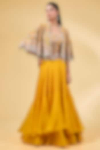 Mango Yellow Silk Thread & Sequins Zari Work Cape Set by Minaxi Dadoo at Pernia's Pop Up Shop