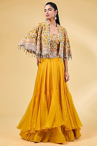 Mango Yellow Silk Thread & Sequins Zari Work Cape Set by Minaxi Dadoo