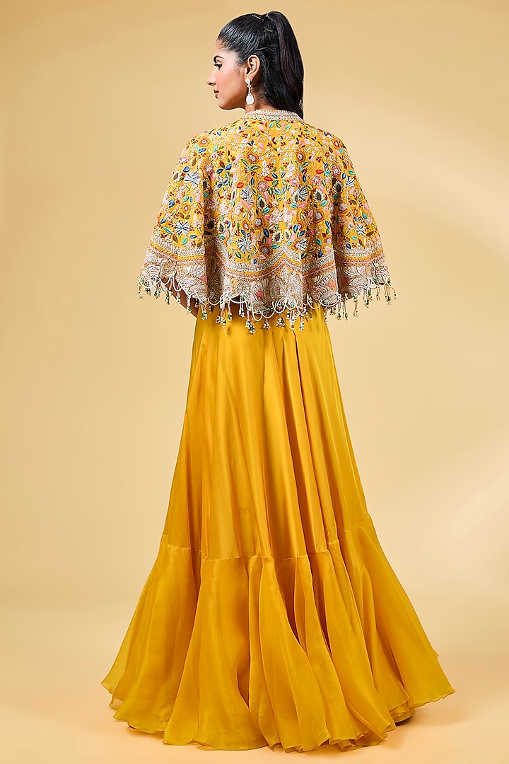 Mango Yellow Silk Thread & Sequins Zari Work Cape Set by Minaxi Dadoo at Pernia's Pop Up Shop