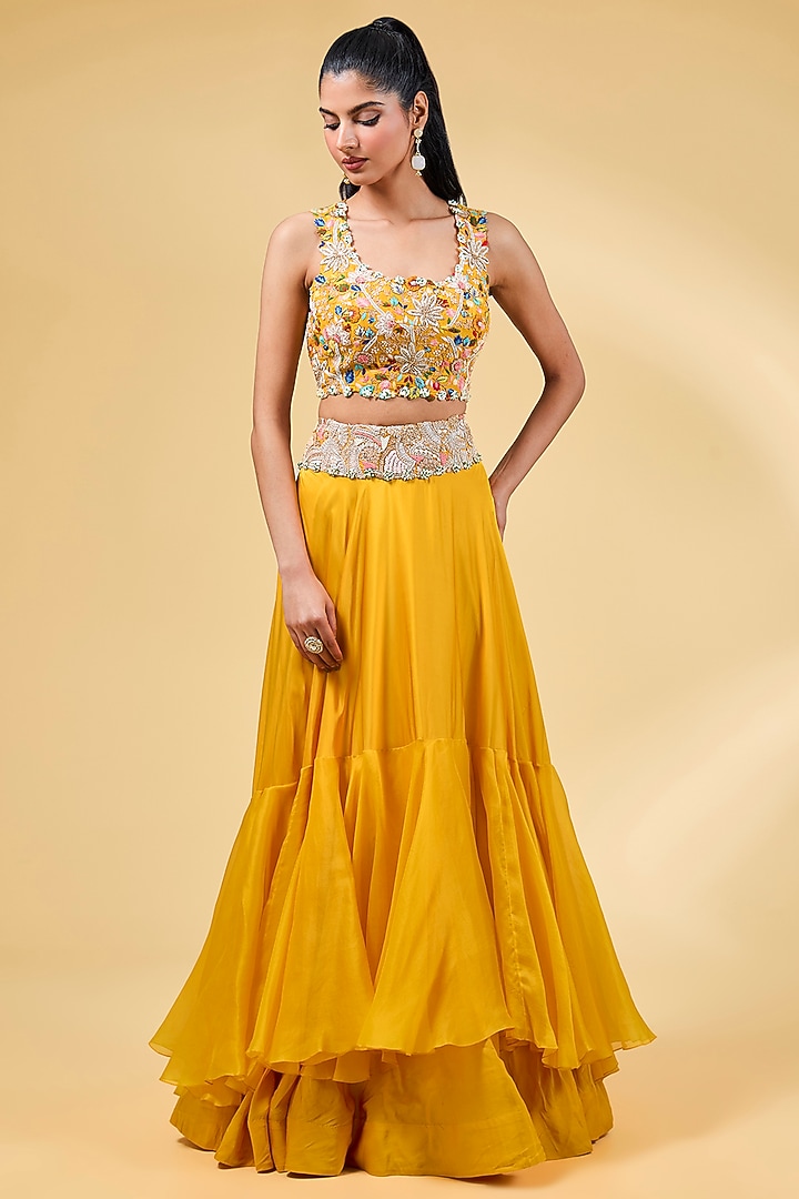 Mango Yellow Silk Thread & Sequins Zari Work Cape Set by Minaxi Dadoo at Pernia's Pop Up Shop