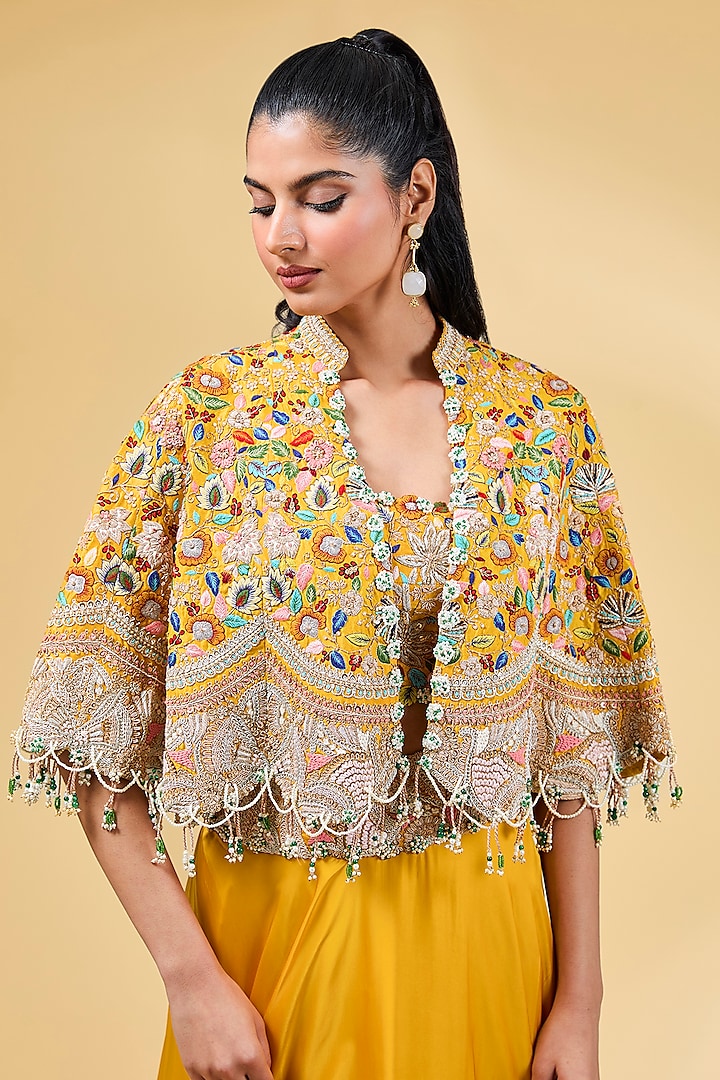 Mango Yellow Silk Thread & Sequins Zari Work Cape Set by Minaxi Dadoo at Pernia's Pop Up Shop