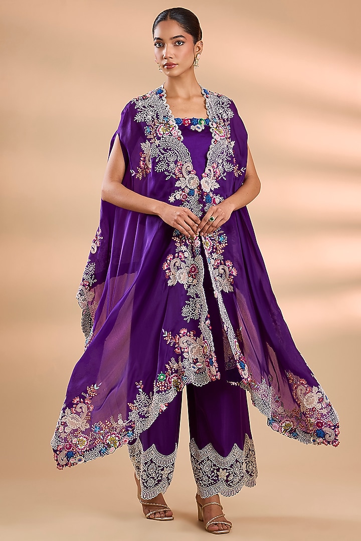 Purple Organza Threadwork Butterfly Cape Set by Minaxi Dadoo at Pernia's Pop Up Shop