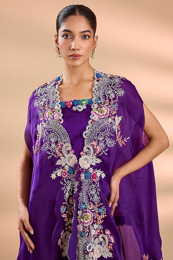 Purple Organza Threadwork Butterfly Cape Set by Minaxi Dadoo at Pernia's Pop Up Shop