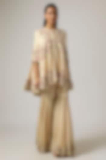 Beige Dupion Thread & Floral Work Cape Set by Minaxi Dadoo at Pernia's Pop Up Shop