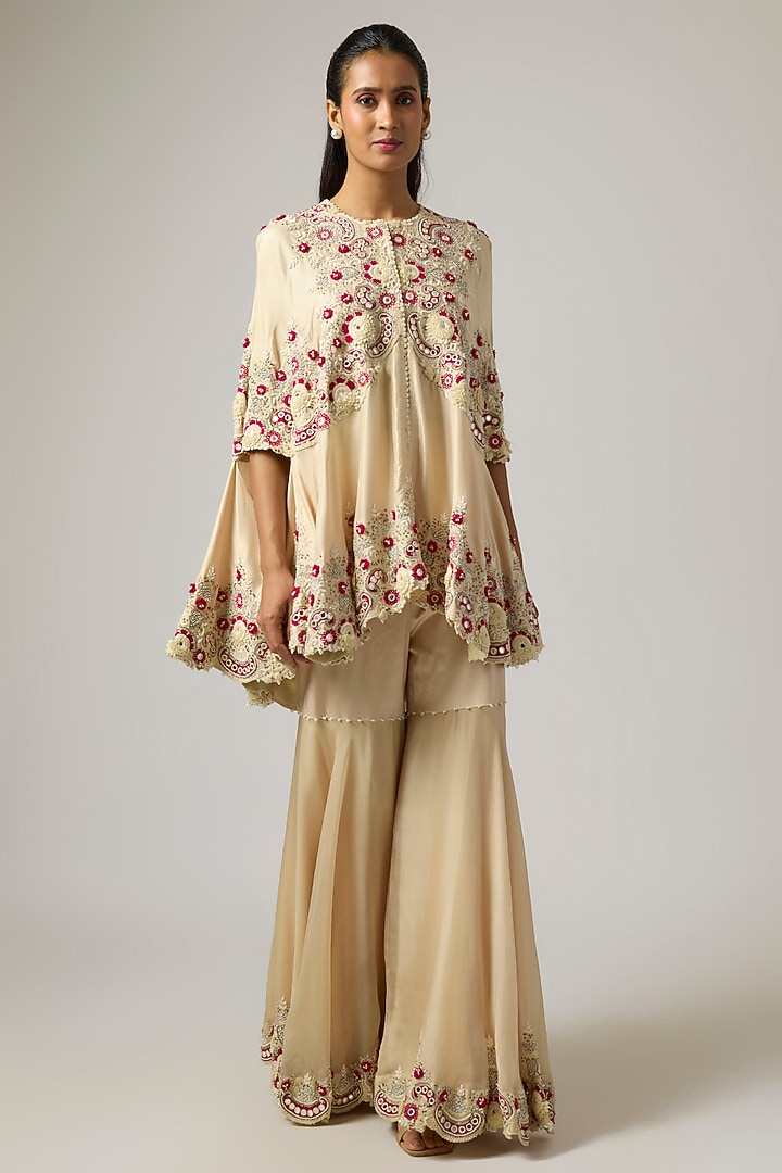 Beige Dupion Thread & Floral Work Cape Set by Minaxi Dadoo at Pernia's Pop Up Shop