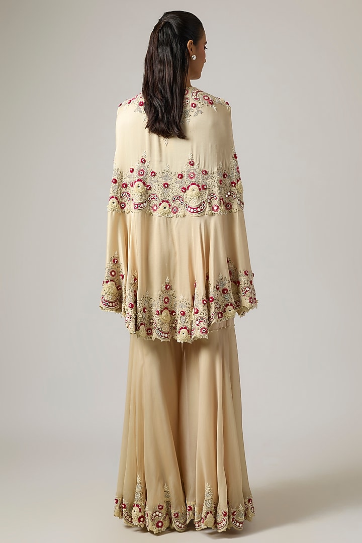 Beige Dupion Thread & Floral Work Cape Set by Minaxi Dadoo at Pernia's Pop Up Shop