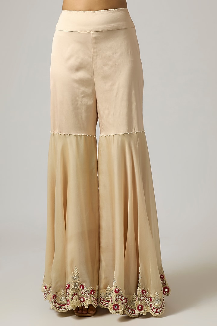 Beige Dupion Thread & Floral Work Cape Set by Minaxi Dadoo at Pernia's Pop Up Shop