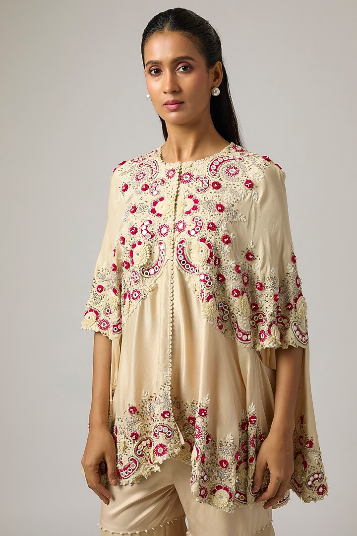 Beige Dupion Thread & Floral Work Cape Set by Minaxi Dadoo at Pernia's Pop Up Shop