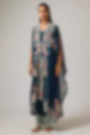 Peacock Blue Organza Cape Set by Minaxi Dadoo at Pernia's Pop Up Shop
