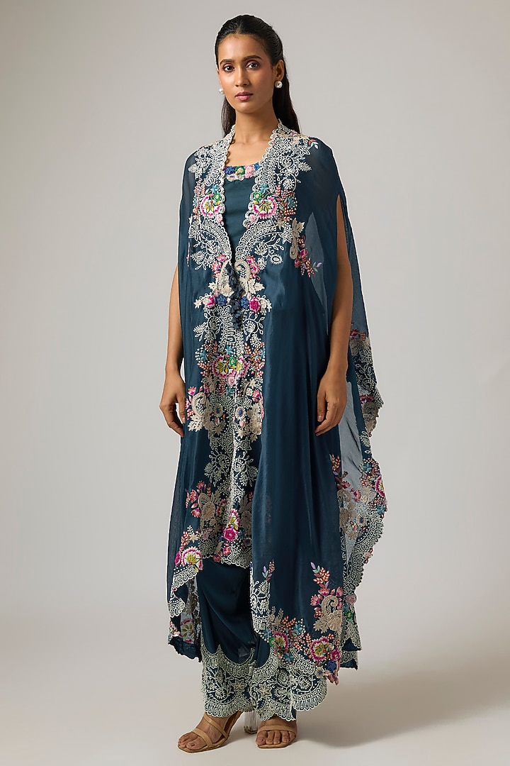 Peacock Blue Organza Cape Set by Minaxi Dadoo at Pernia's Pop Up Shop