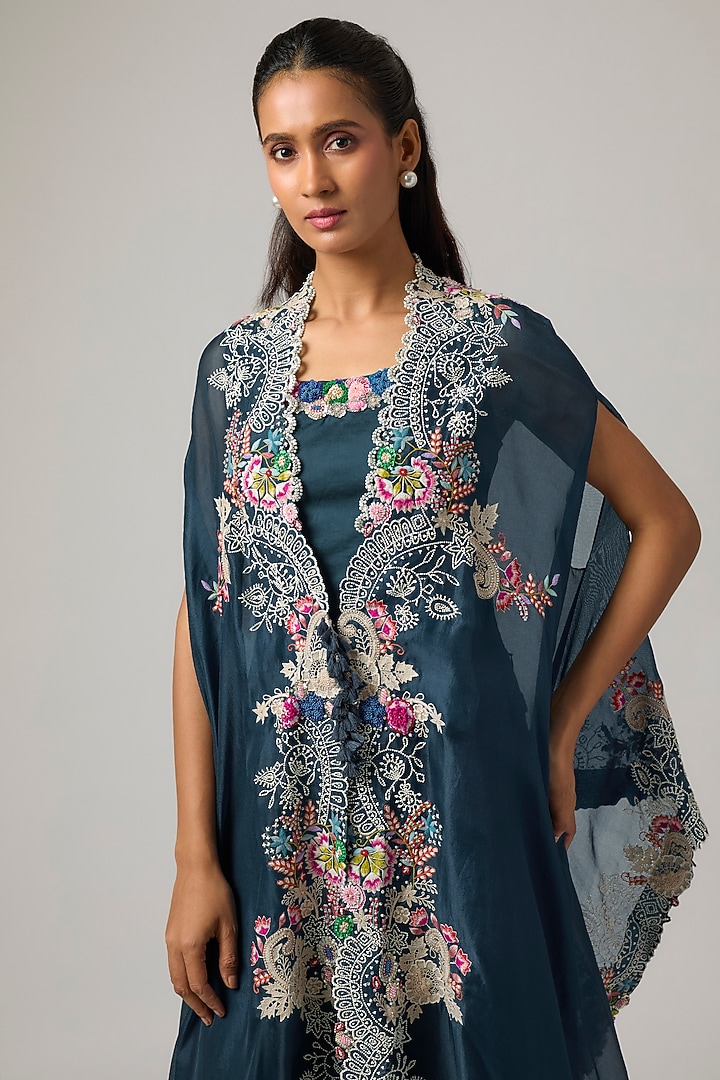 Peacock Blue Organza Cape Set by Minaxi Dadoo at Pernia's Pop Up Shop
