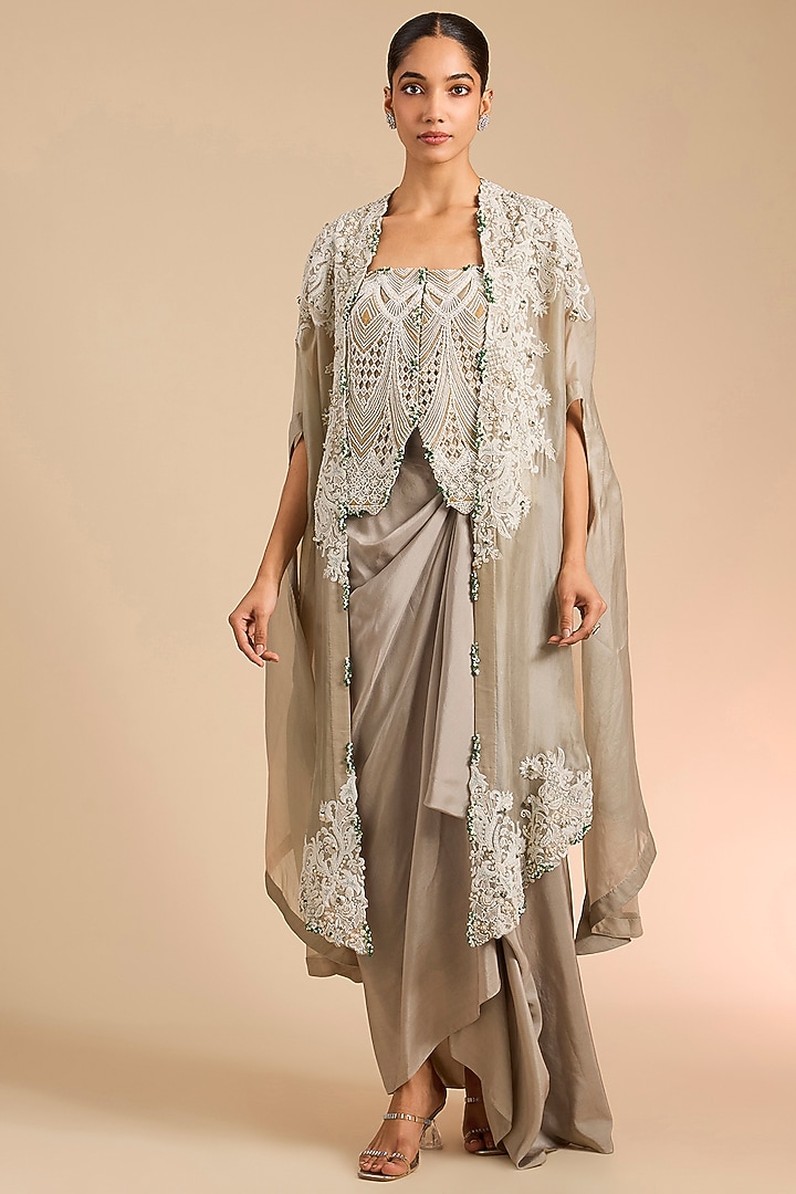 Steel Grey Organza Embroidered Cape Set by Minaxi Dadoo at Pernia's Pop Up Shop