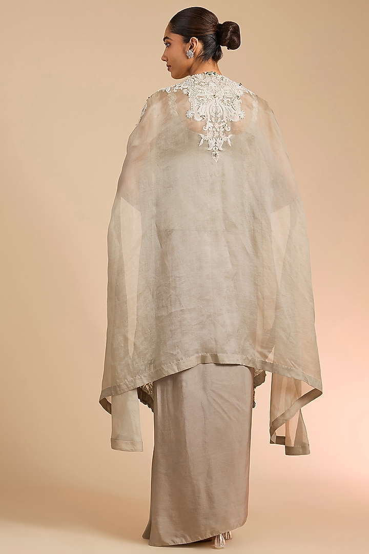 Steel Grey Organza Embroidered Cape Set by Minaxi Dadoo at Pernia's Pop Up Shop