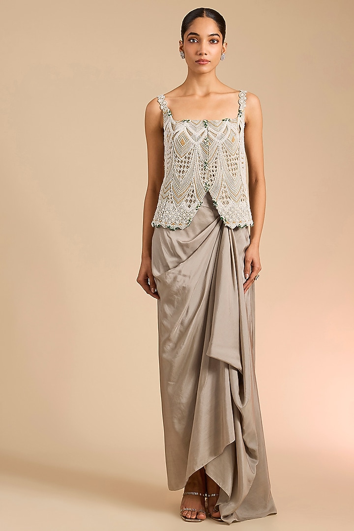 Steel Grey Organza Embroidered Cape Set by Minaxi Dadoo at Pernia's Pop Up Shop