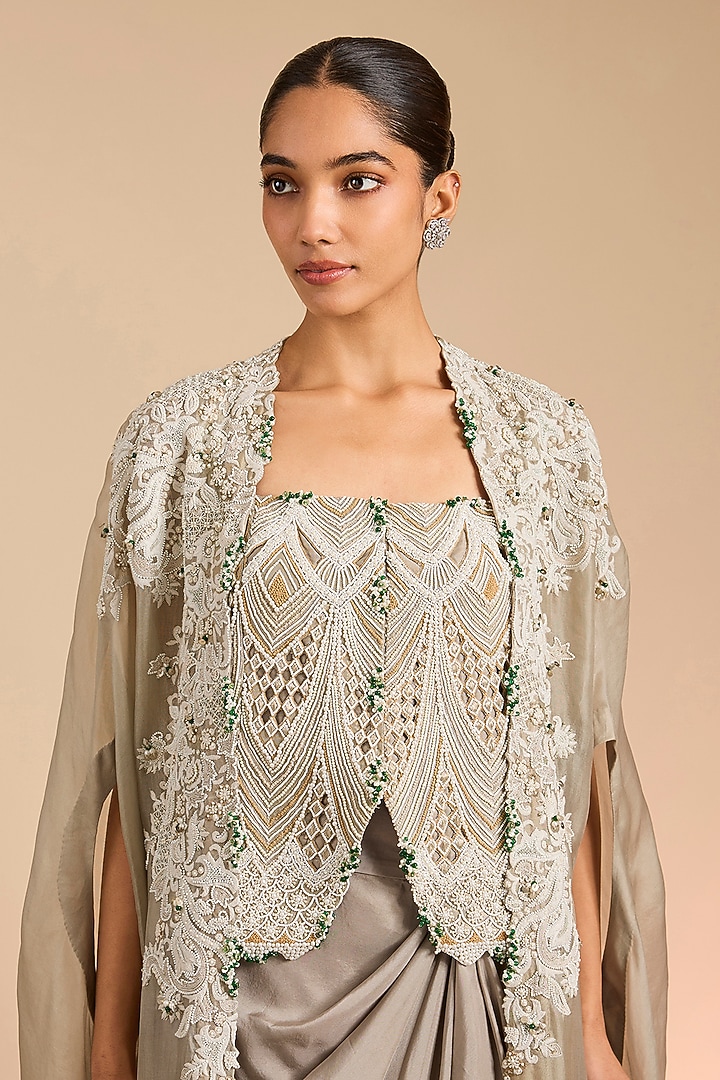 Steel Grey Organza Embroidered Cape Set by Minaxi Dadoo at Pernia's Pop Up Shop