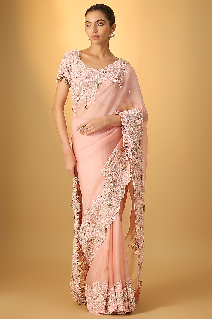 Pink Organza Embroidered Bridal Saree Set by Minaxi Dadoo at Pernia's Pop Up Shop