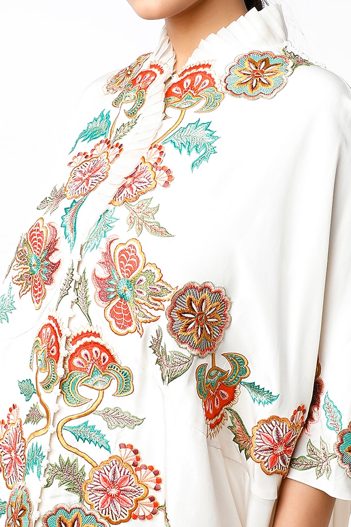 Ivory Dupion Silk Ruffled Cape Set by Minaxi Dadoo at Pernia's Pop Up Shop