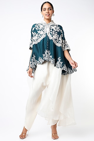 Green Dupion Silk Ruffled Cape Set by Minaxi Dadoo