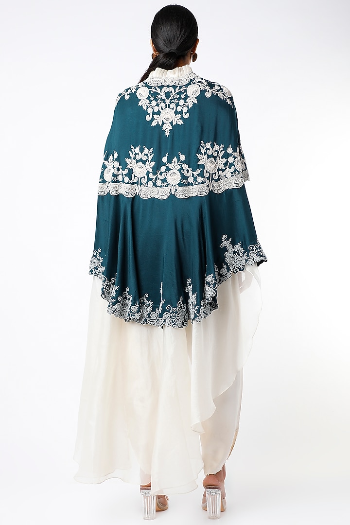 Green Dupion Silk Ruffled Cape Set by Minaxi Dadoo at Pernia's Pop Up Shop