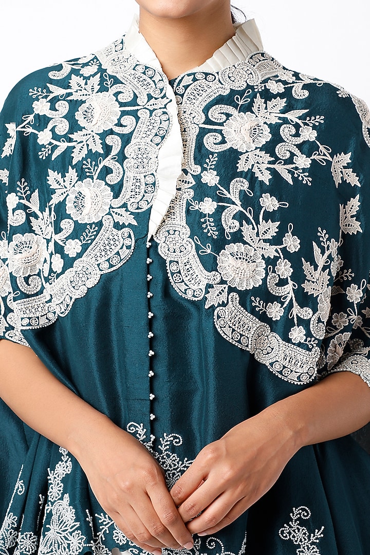 Green Dupion Silk Ruffled Cape Set by Minaxi Dadoo at Pernia's Pop Up Shop