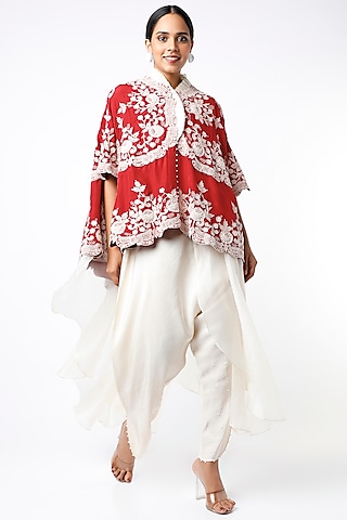 Fiery Red Dupion Silk Ruffled Cape Set by Minaxi Dadoo