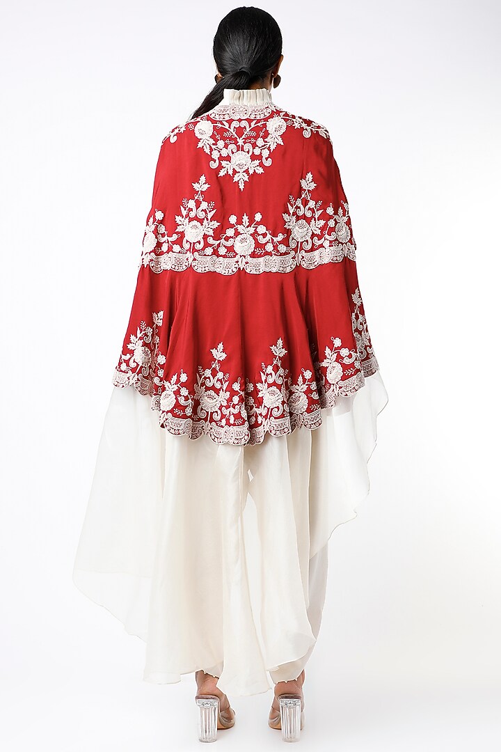 Fiery Red Dupion Silk Ruffled Cape Set by Minaxi Dadoo at Pernia's Pop Up Shop