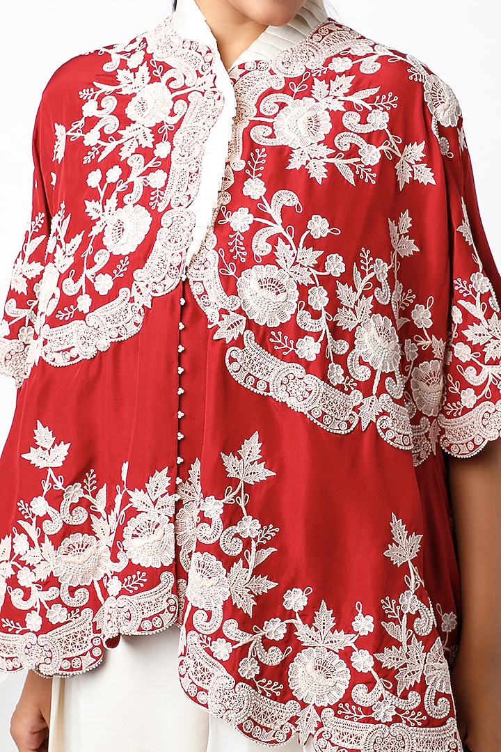 Fiery Red Dupion Silk Ruffled Cape Set by Minaxi Dadoo at Pernia's Pop Up Shop