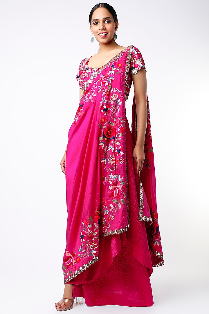 Rani Pink Dupion Silk Draped Saree Set by Minaxi Dadoo