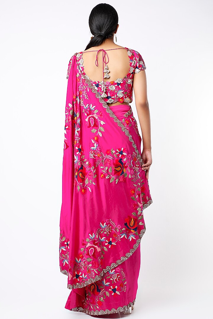 Rani Pink Dupion Silk Draped Reception Saree Set by Minaxi Dadoo at Pernia's Pop Up Shop