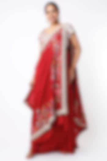 Electric Red Dupion Silk Draped Saree Set by Minaxi Dadoo