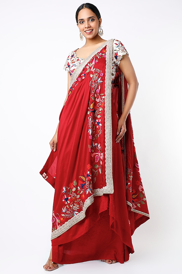 Electric Red Dupion Silk Draped Reception Saree Set by Minaxi Dadoo at Pernia's Pop Up Shop