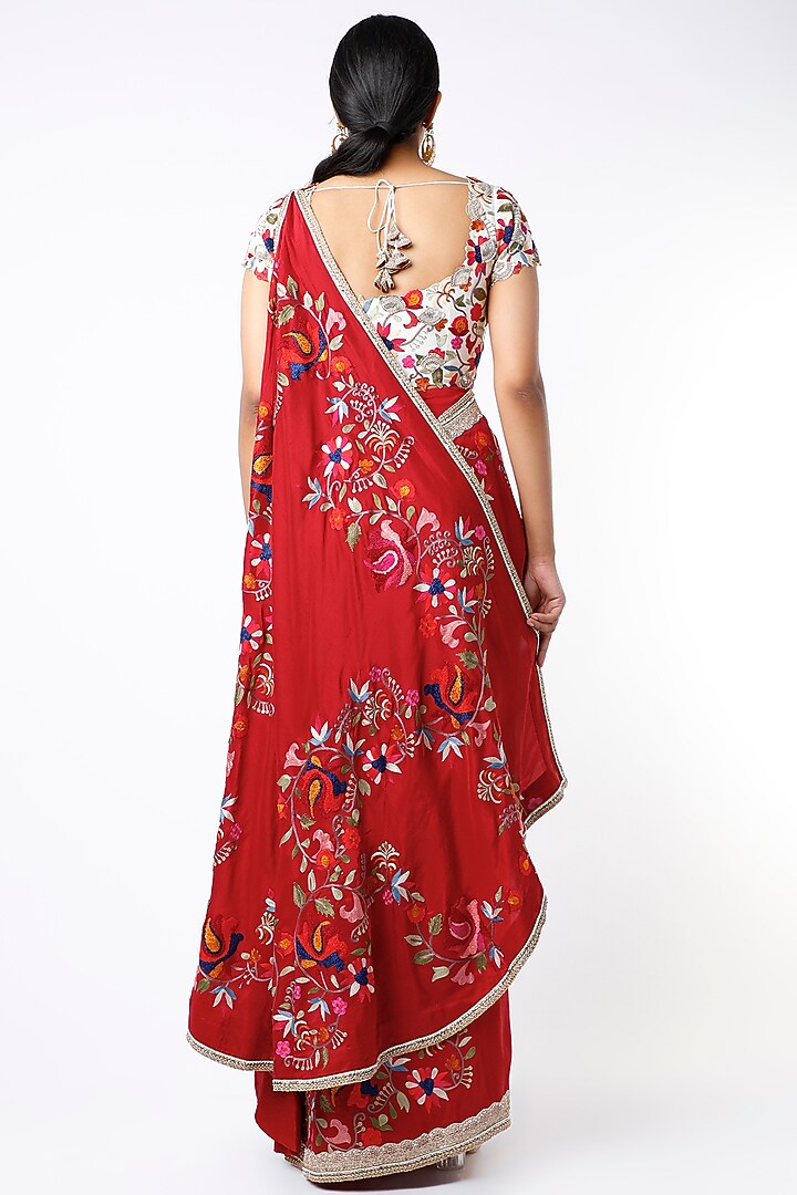 Electric Red Dupion Silk Draped Reception Saree Set by Minaxi Dadoo at Pernia's Pop Up Shop