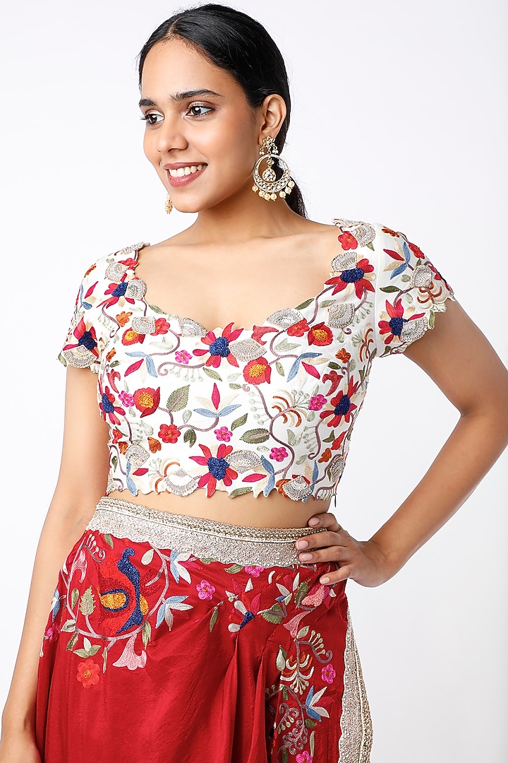 Electric Red Dupion Silk Draped Reception Saree Set by Minaxi Dadoo at Pernia's Pop Up Shop