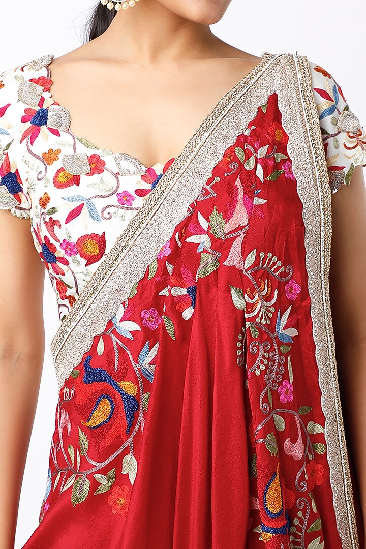 Electric Red Dupion Silk Draped Reception Saree Set by Minaxi Dadoo at Pernia's Pop Up Shop