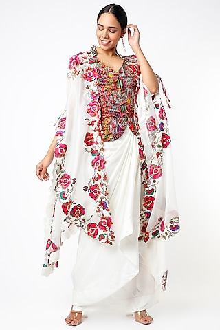 Ivory Silk & Organza Cape Set by Minaxi Dadoo