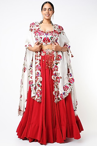 Ivory Cape Set In Silk & Organza by Minaxi Dadoo