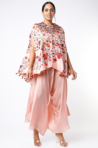 Light Rose Pink Silk Cape Set by Minaxi Dadoo