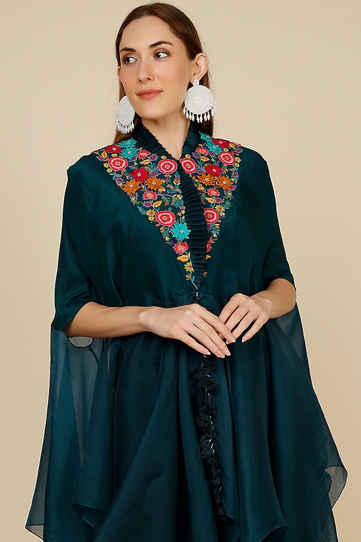 Peacock Blue Dupion Cape Set by Minaxi Dadoo at Pernia's Pop Up Shop