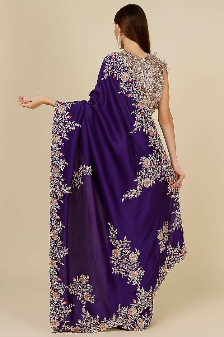 Purple Dupion Embroidered Bridal Saree Set by Minaxi Dadoo at Pernia's Pop Up Shop