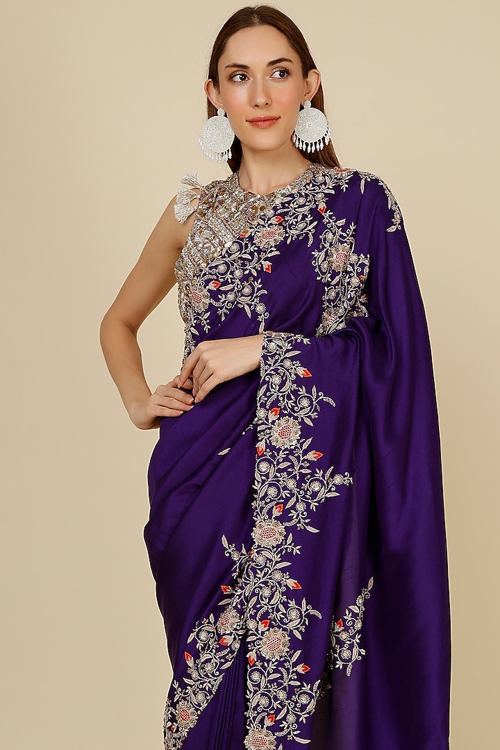 Purple Dupion Embroidered Bridal Saree Set by Minaxi Dadoo at Pernia's Pop Up Shop