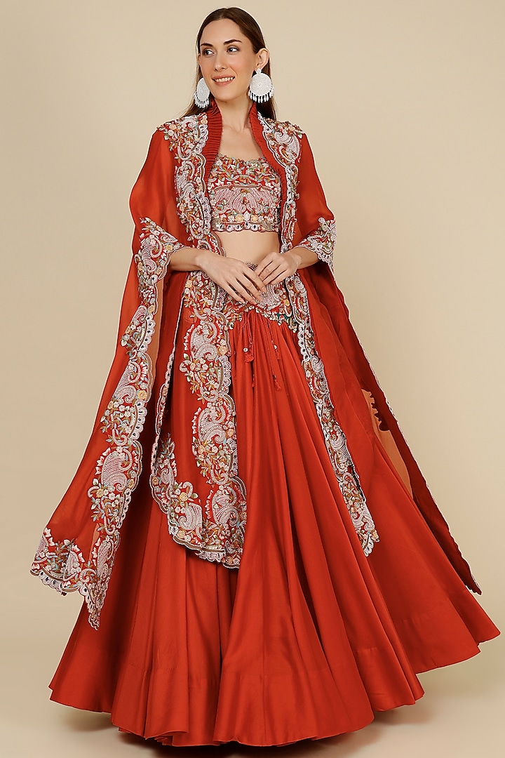 Rust Orange Chanderi Lehenga Set by Minaxi Dadoo