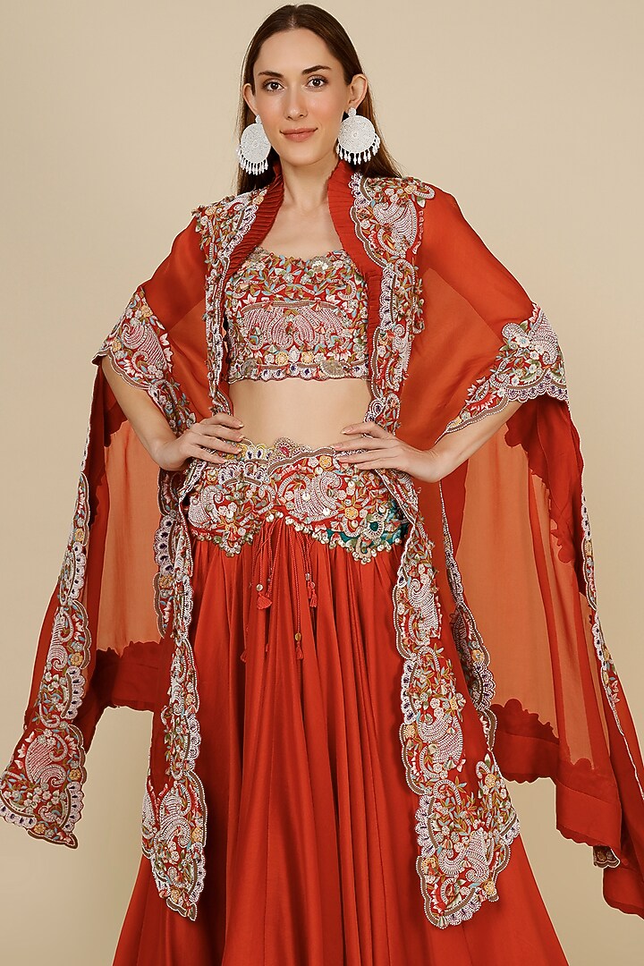 Rust Orange Chanderi Bridal Lehenga Set by Minaxi Dadoo at Pernia's Pop Up Shop
