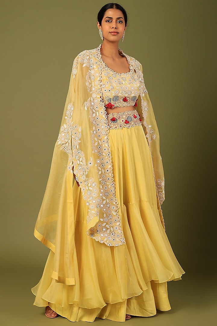 Yellow Embroidered Cape Set by Minaxi Dadoo