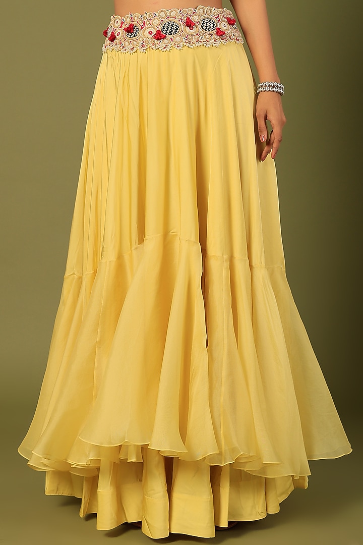 Yellow Organza Embroidered Cape Set by Minaxi Dadoo at Pernia's Pop Up Shop